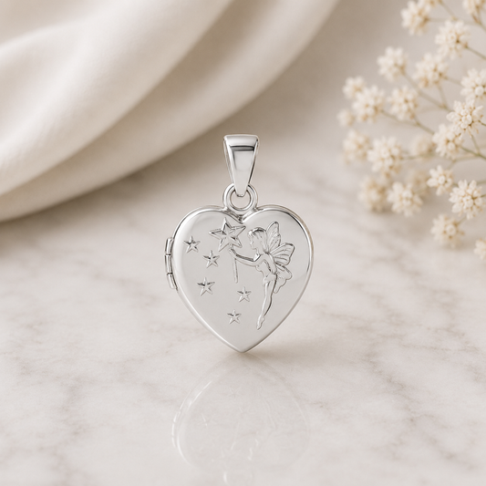 Médaillon Cœur Ouvrant en Argent Massif 925/1000 avec Fée et Étoiles – Porte Photo