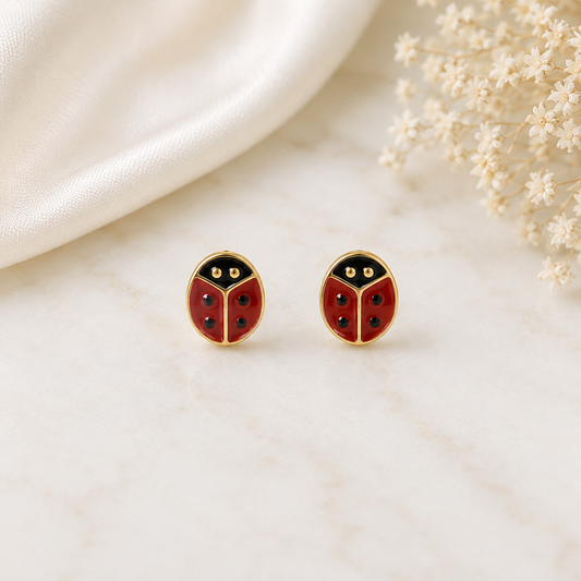 Boucles d'oreilles puces Coccinelle émaillée en Plaqué Or Européen
