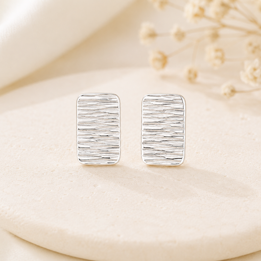 Boucles d'oreilles rectangles ciselés en argent massif 925/1000 rhodié