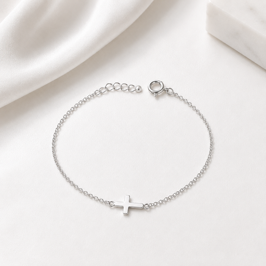 Bracelet Croix en Argent 925/1000 – Bracelet Religieux Femme Doré ou Platiné Réglable