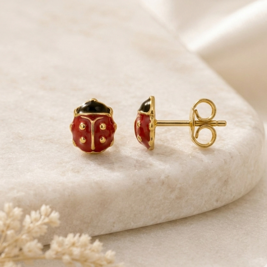 Boucles d'oreilles coccinelle en or jaune massif 18 carats 750/1000 sertie zirconium