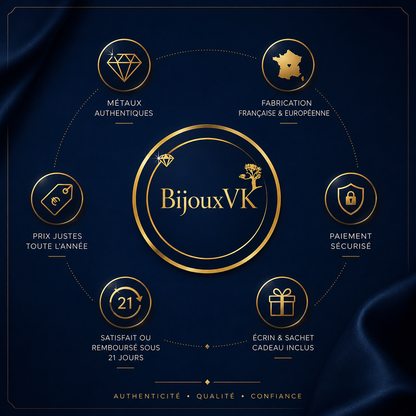 BijouxVK sélectionne des bijoux en métaux précieux authentiques, issus de fabrications françaises et européennes. Paiement sécurisé, écrin offert et satisfait ou remboursé sous 21 jours.