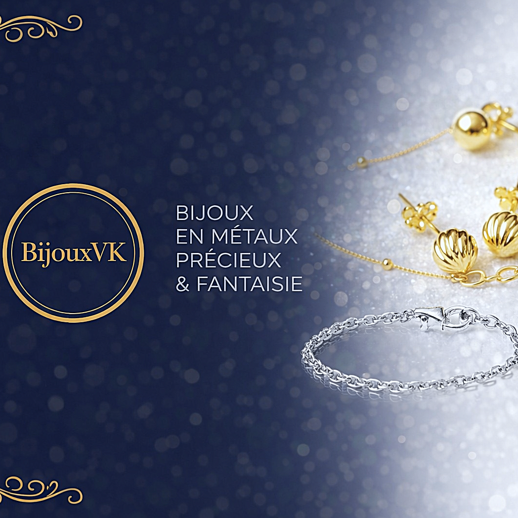 Visuel de marque BijouxVK représentant l’univers de la boutique spécialisée en bijoux en métaux précieux et fantaisie.
