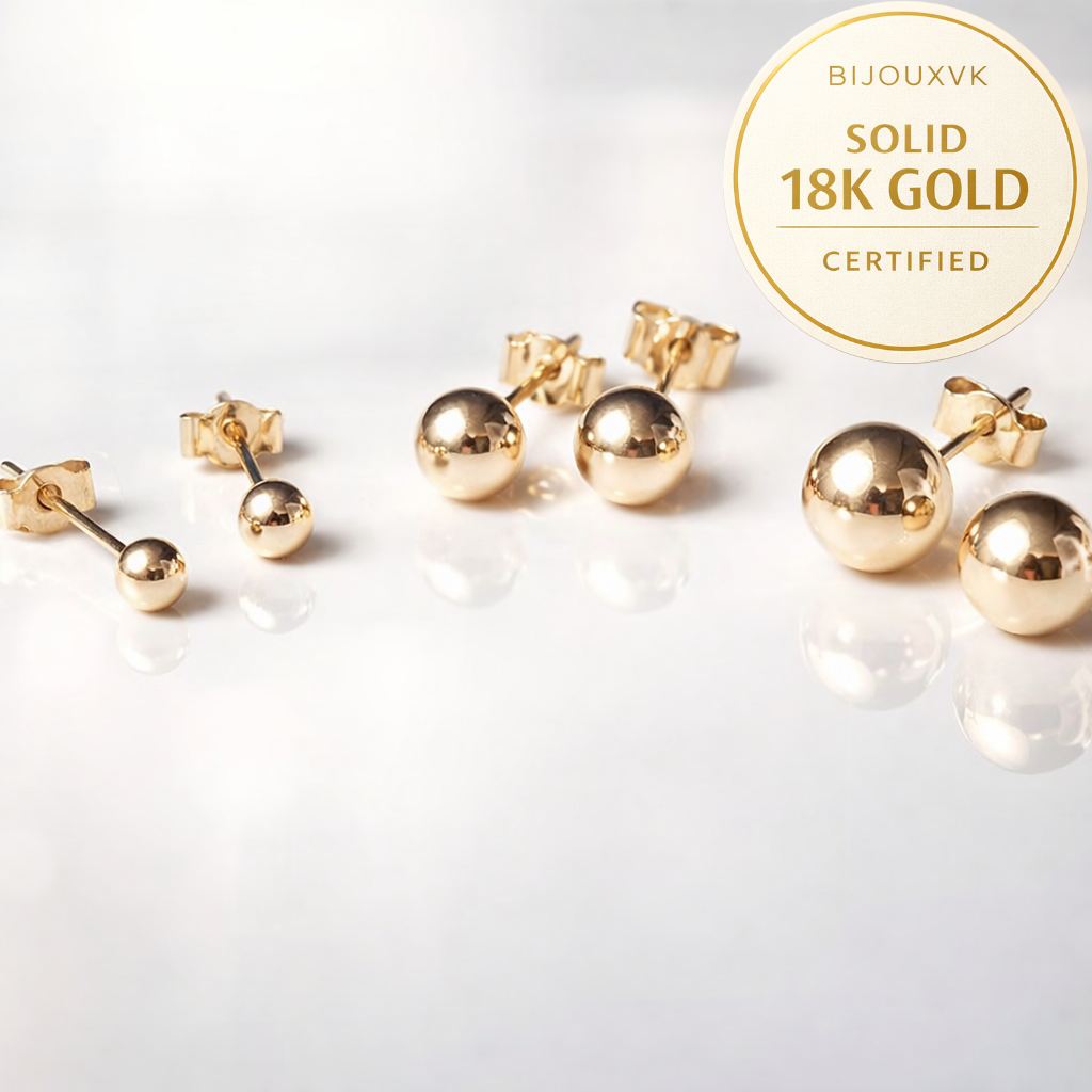 Boucles d’oreilles boule en or massif 18 carats 750, puces en or jaune poli, présentées en plusieurs tailles, badge 18K.