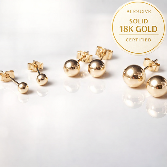 Boucles d’oreilles boule en or massif 18 carats 750, puces en or jaune poli, présentées en plusieurs tailles, badge 18K.