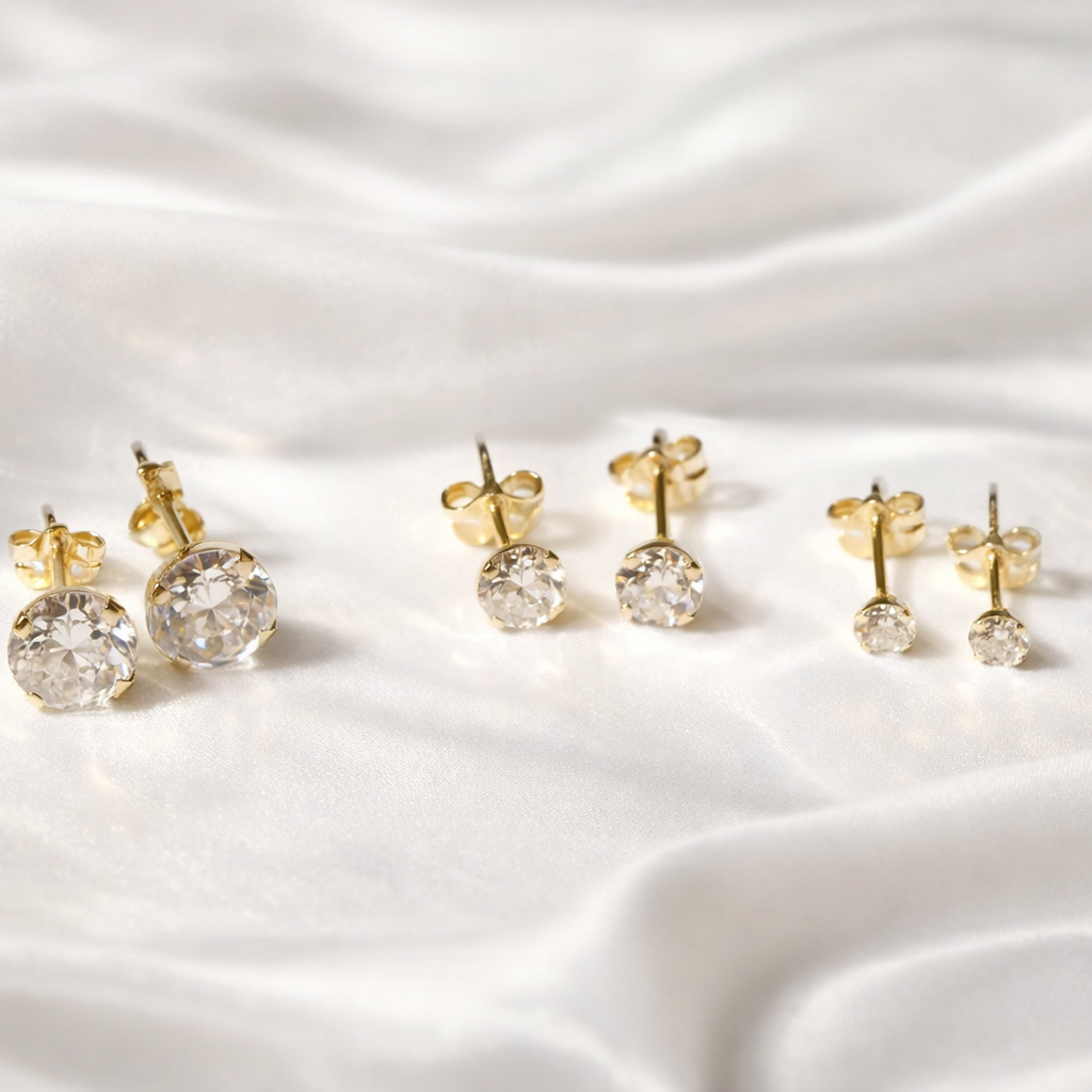 Boucles d’oreilles puces en or massif 18 carats 750 avec pierre ronde transparente, montrant différentes tailles.
