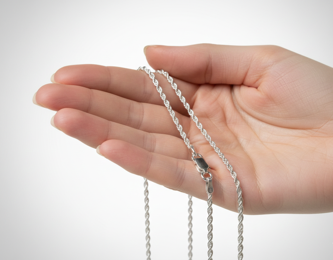 Chaîne maille corde en argent massif 925 de 1,8 mm présentée dans une main pour montrer le volume.