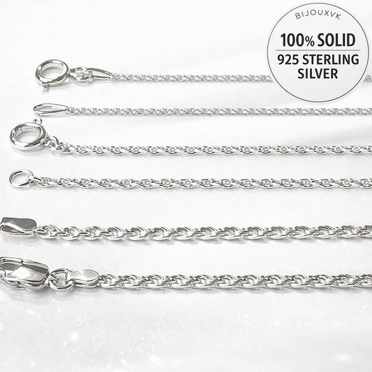 Chaînes maille corde en argent massif 925 présentées en différentes largeurs pour comparer l’épaisseur des mailles.