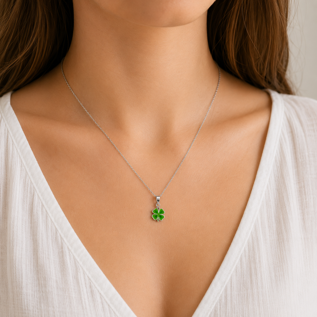 Pendentif Trèfle à Quatre Feuilles Vert en Argent Massif 925/1000 Laqué