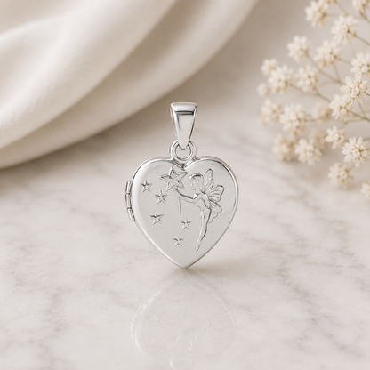 Médaillon Cœur Ouvrant en Argent Massif 925/1000 avec Fée et Étoiles – Porte Photo