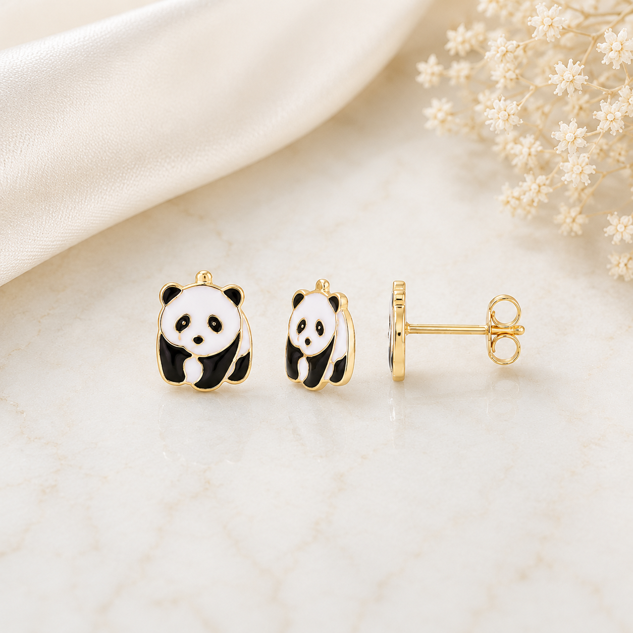 Boucles d'oreilles puces Panda émaillé en Plaqué Or Européen