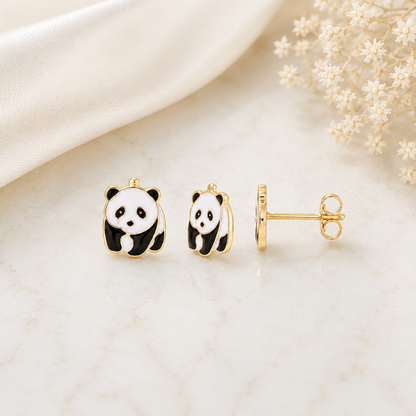 Boucles d'oreilles puces Panda émaillé en Plaqué Or Européen