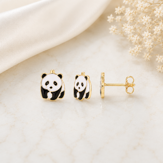 Boucles d'oreilles puces Panda émaillé en Plaqué Or Européen
