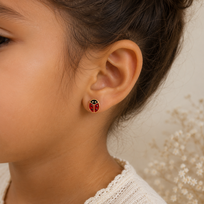 Boucles d'oreilles puces Coccinelle émaillée en Plaqué Or Européen
