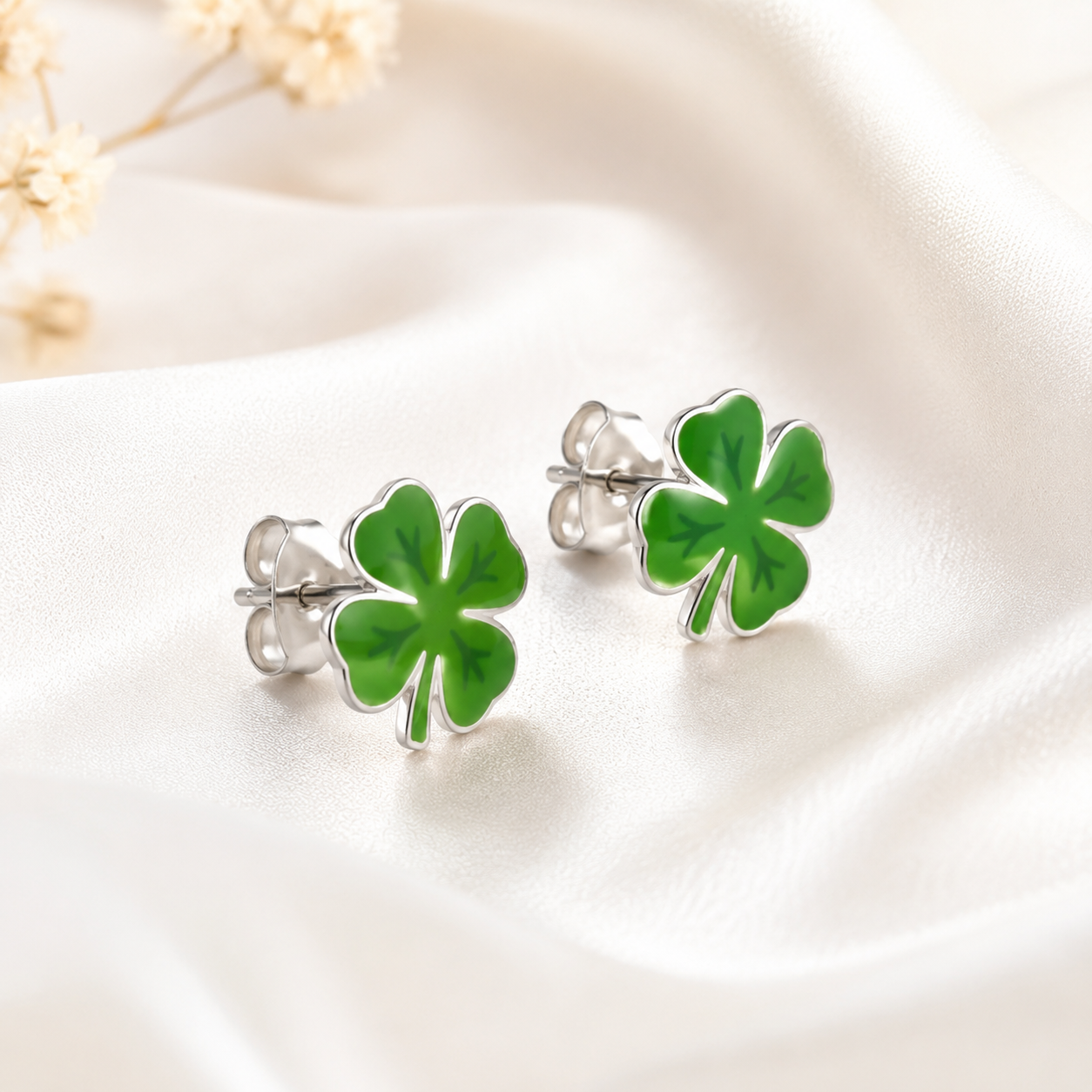Boucles d'oreilles trèfle à 4 feuilles en argent massif 925 – Symbole de chance