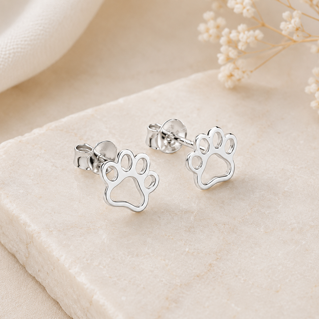 Boucles d'oreilles patte de chien/ chat en argent massif 925/1000 - Motif empreinte animale