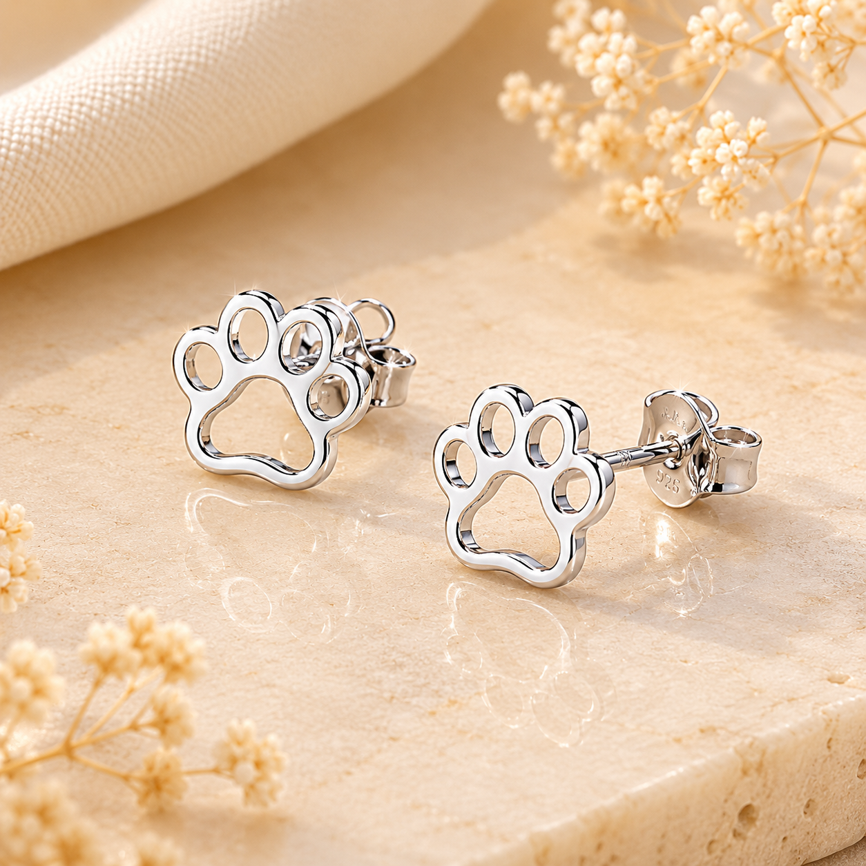 Boucles d'oreilles patte de chien/ chat en argent massif 925/1000 - Motif empreinte animale