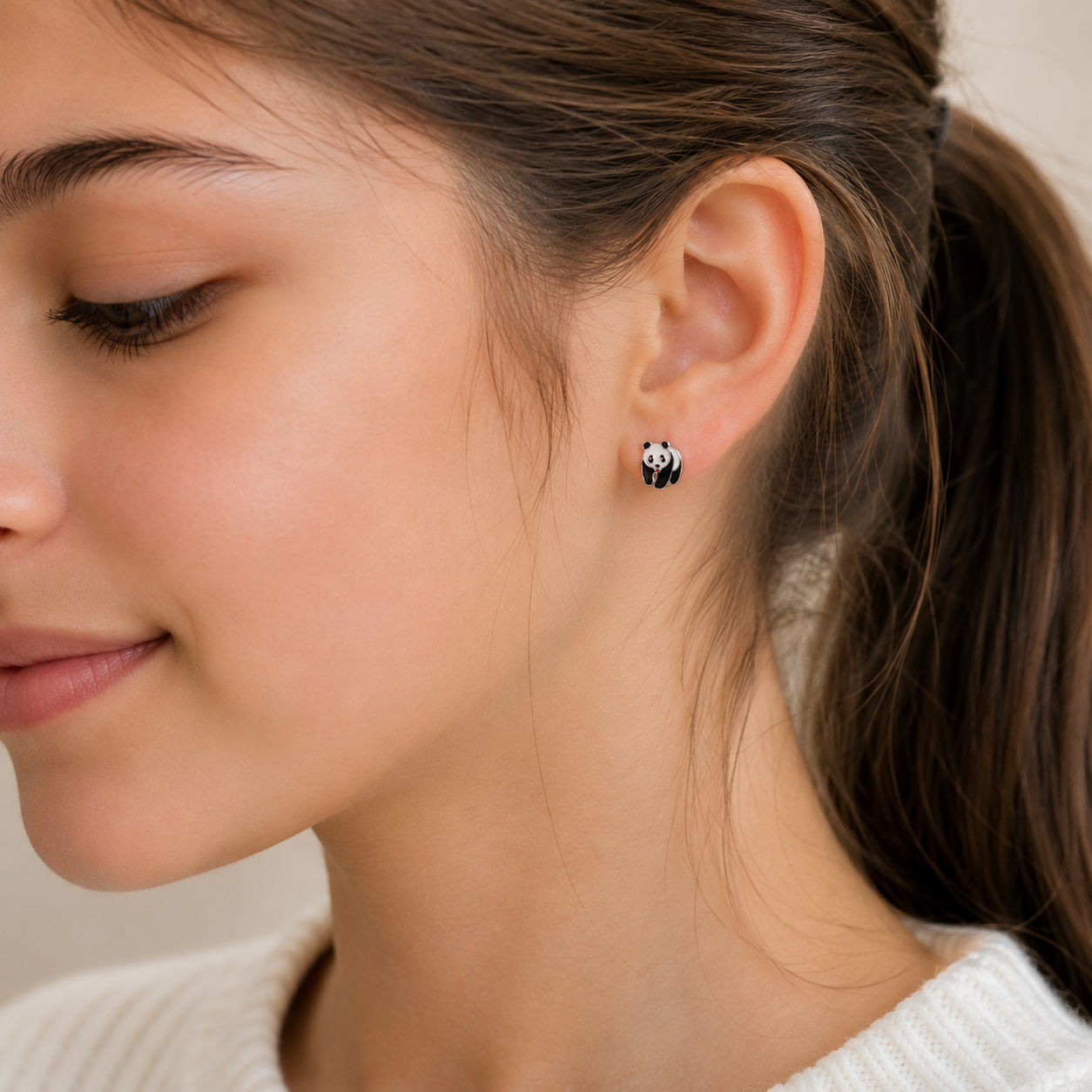 Boucles d'oreilles panda en argent massif 925/1000 – Motif animal noir et blanc