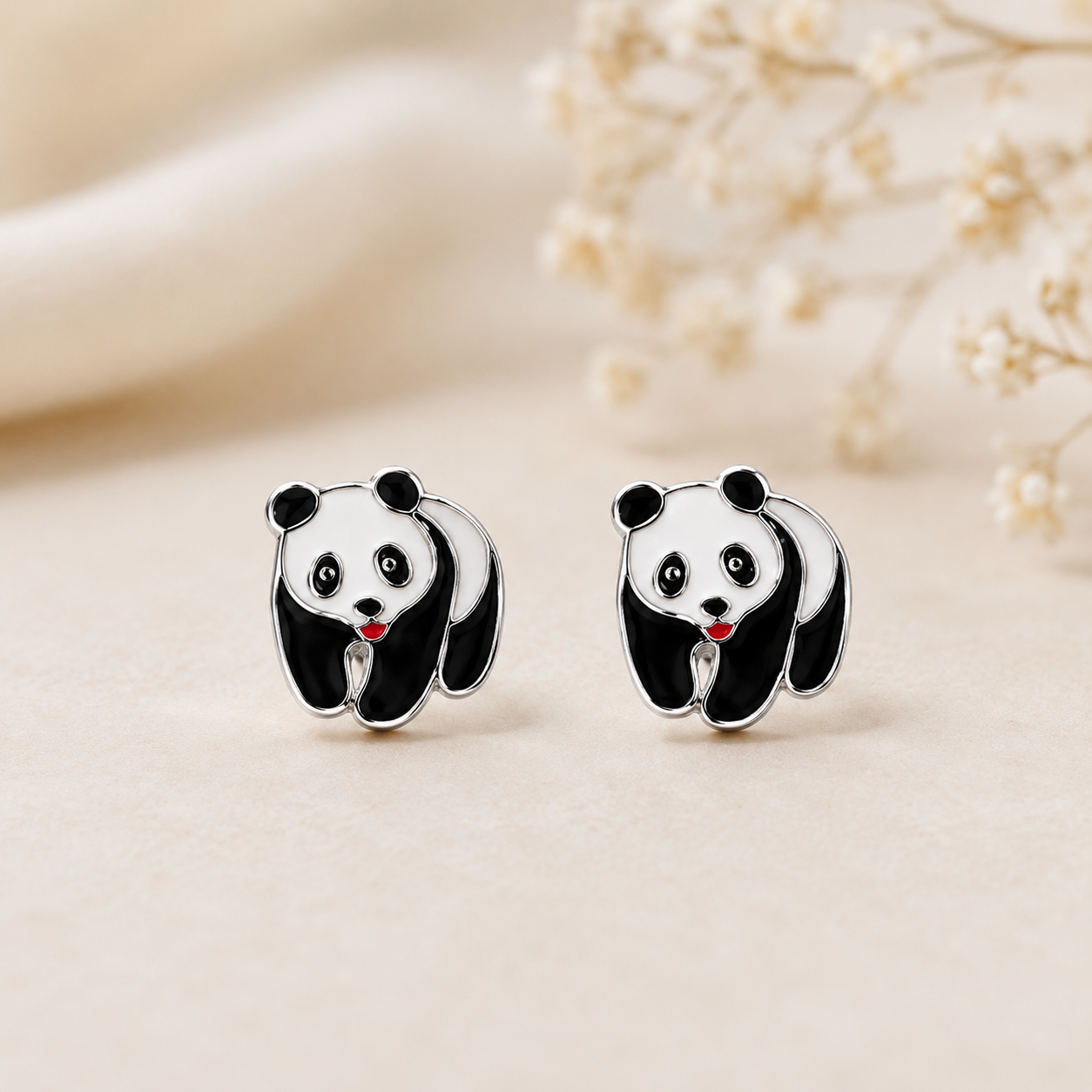 Boucles d'oreilles panda en argent massif 925/1000 – Motif animal noir et blanc
