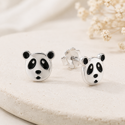 Boucles d'oreilles tête de panda en argent massif 925/1000 laqué