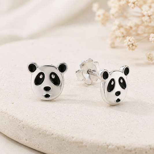 Boucles d'oreilles tête de panda en argent massif 925/1000 laqué