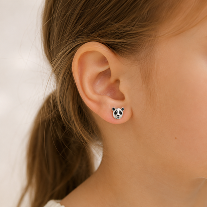 Boucles d'oreilles tête de panda en argent massif 925/1000 laqué