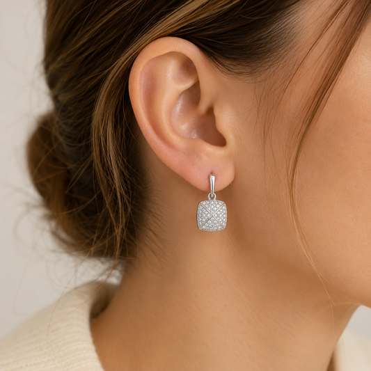 Boucles d'oreilles pendantes pyramide zirconium en argent massif 925/1000 rhodié