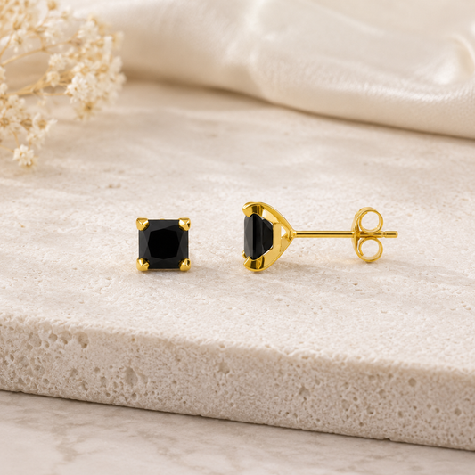 Boucles d'oreilles en or jaune massif 18 carats 750/1000 serties d'un zirconium noir carré