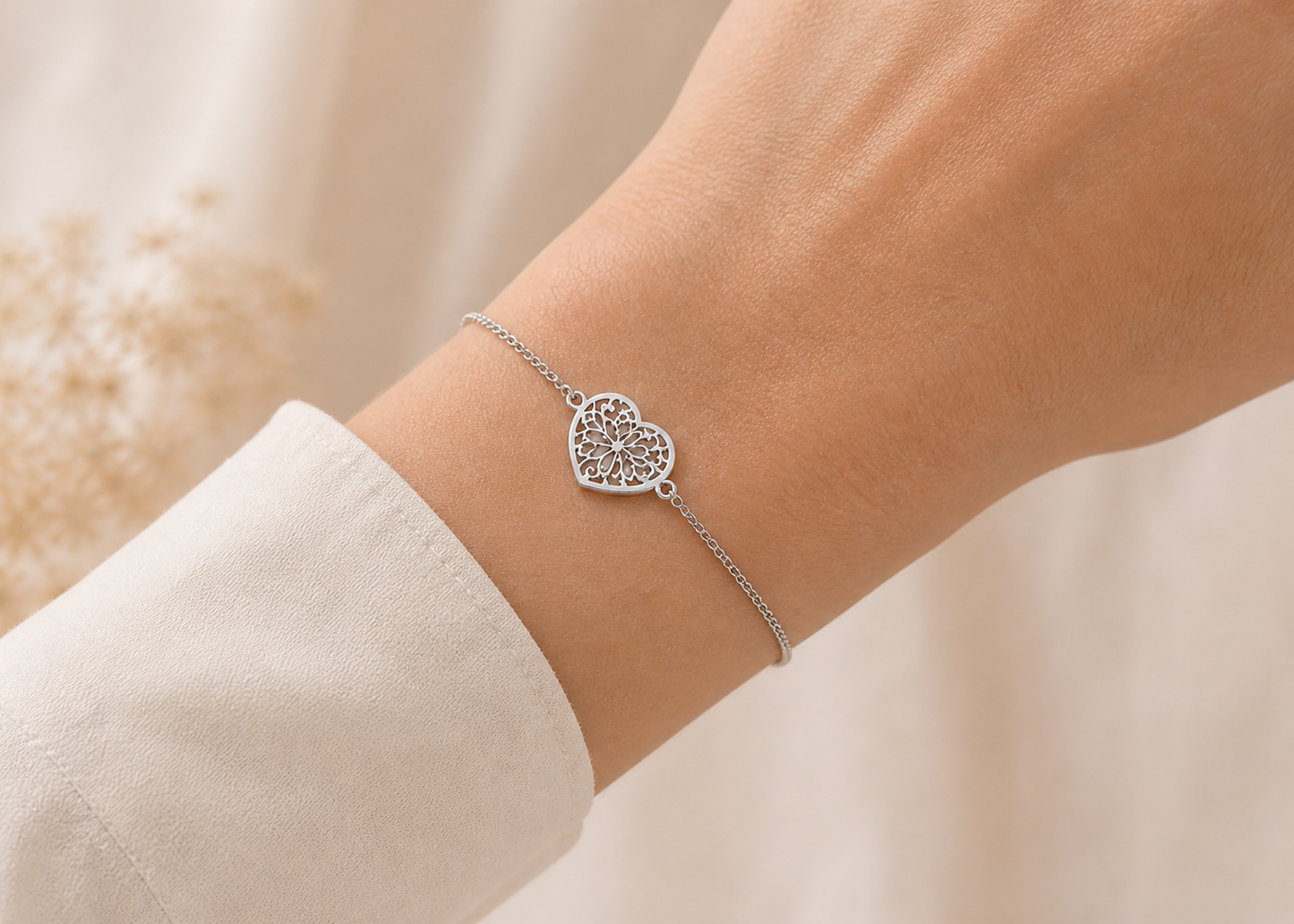 Bracelet cœurs ajourés en argent massif 925 rhodié – Bracelet réglable motif cœur