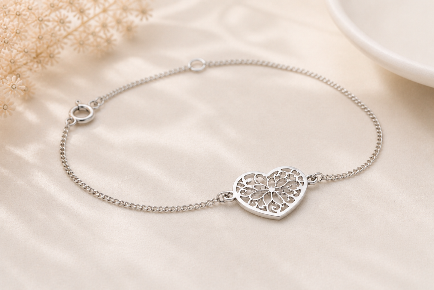Bracelet cœurs ajourés en argent massif 925 rhodié – Bracelet réglable motif cœur