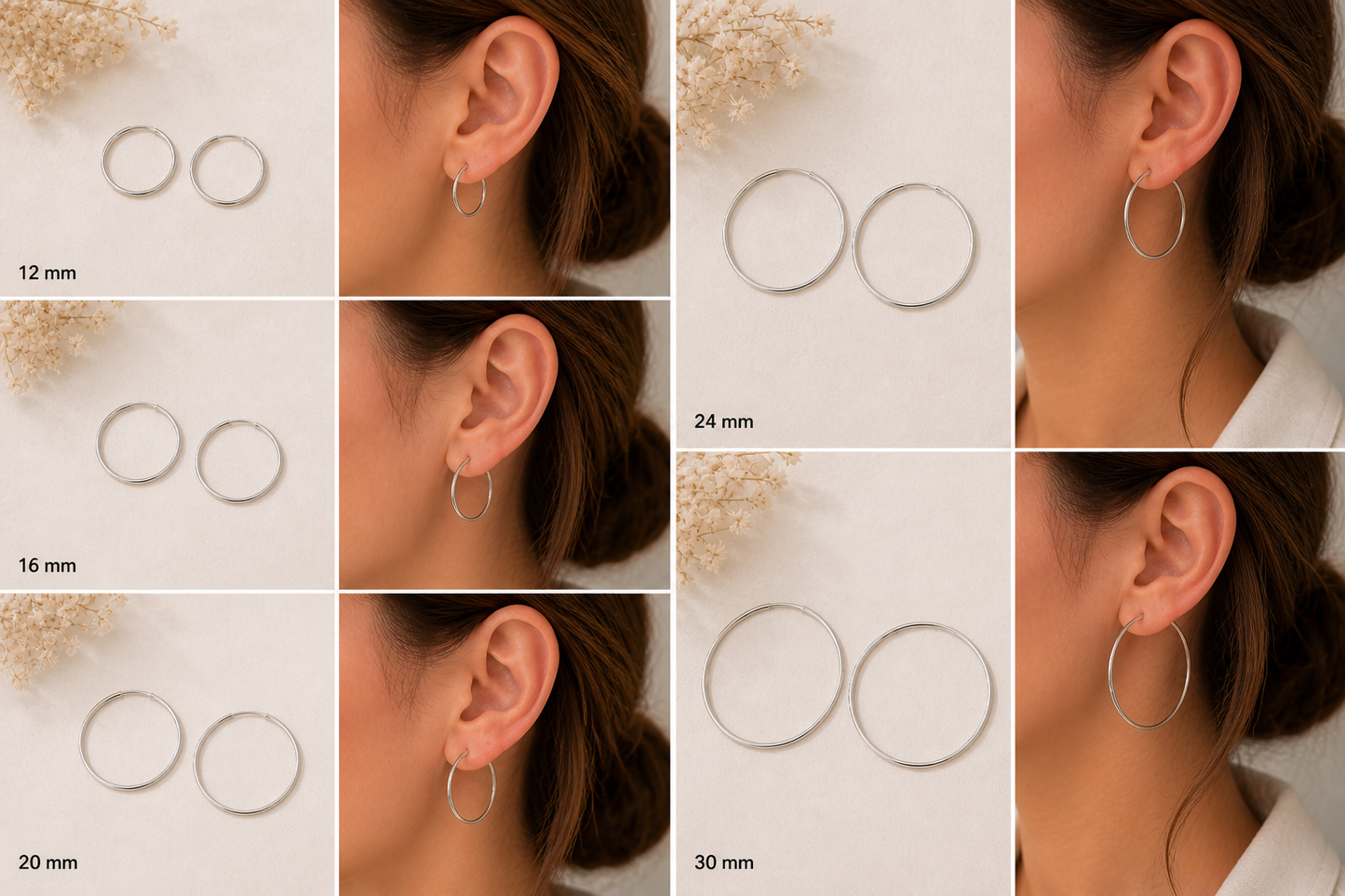 Créoles fines en argent massif 925/1000 1,25 mm – Boucles d’oreilles créoles lisses argent