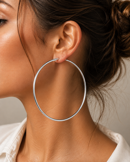 Grandes créoles en argent massif 925 rhodié – Boucles d’oreilles créoles fil 1,6 mm en argent