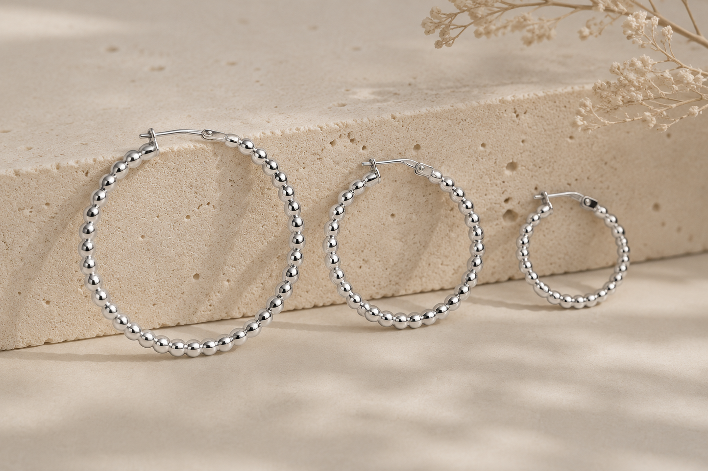 Créoles boules en argent massif 925/1000 – Boucles d’oreilles créoles perlées argent sterling