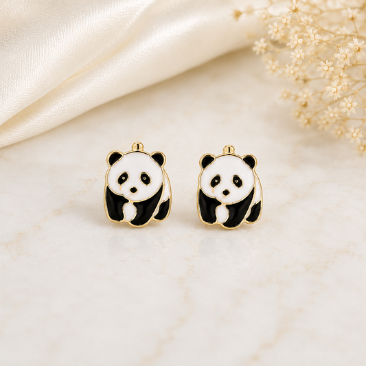 Boucles d'oreilles puces Panda émaillé en Plaqué Or Européen