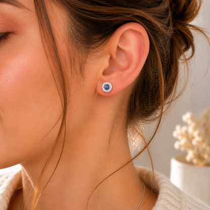 Boucles d'oreilles zircon bleu en argent massif 925/1000 – Entourage scintillant