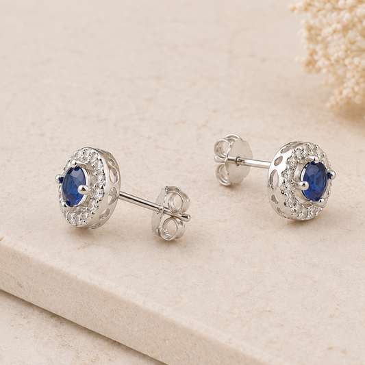 Boucles d'oreilles zircon bleu en argent massif 925/1000 – Entourage scintillant