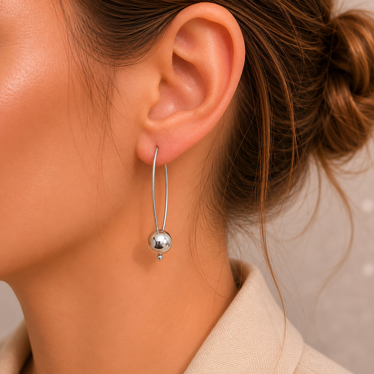 Boucles d'oreilles pendantes boule en argent massif 925/1000 rhodié – Tige ovale