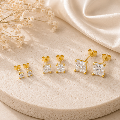 Boucles d'oreilles en or jaune massif 18 carats 750/1000 serties de zirconium blanc carré