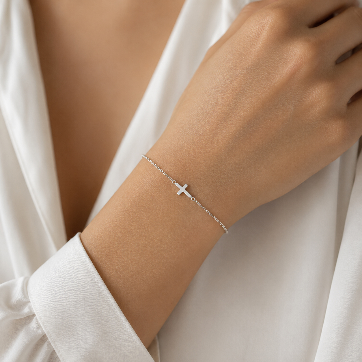 Bracelet Croix en Argent 925/1000 – Bracelet Religieux Femme Doré ou Platiné Réglable