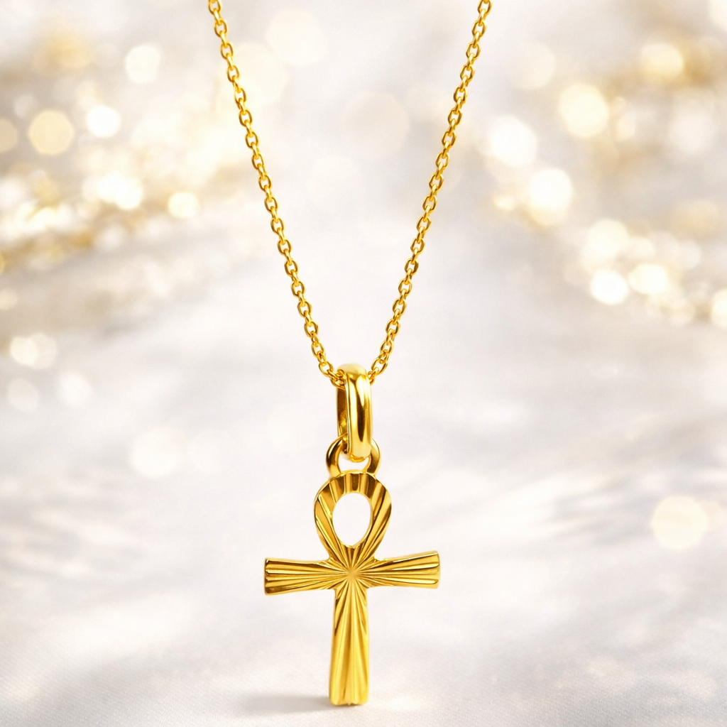 Collier avec pendentif croix Ankh en or massif 18 carats 750 porté, rendu réel autour du cou.