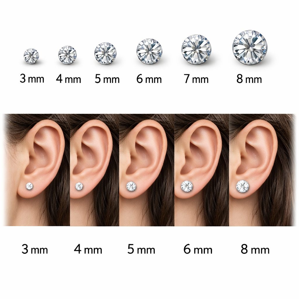 Guide des tailles de puces boule en or massif 18 carats 750, 3 à 8 mm, avec aperçu du rendu à l’oreille.