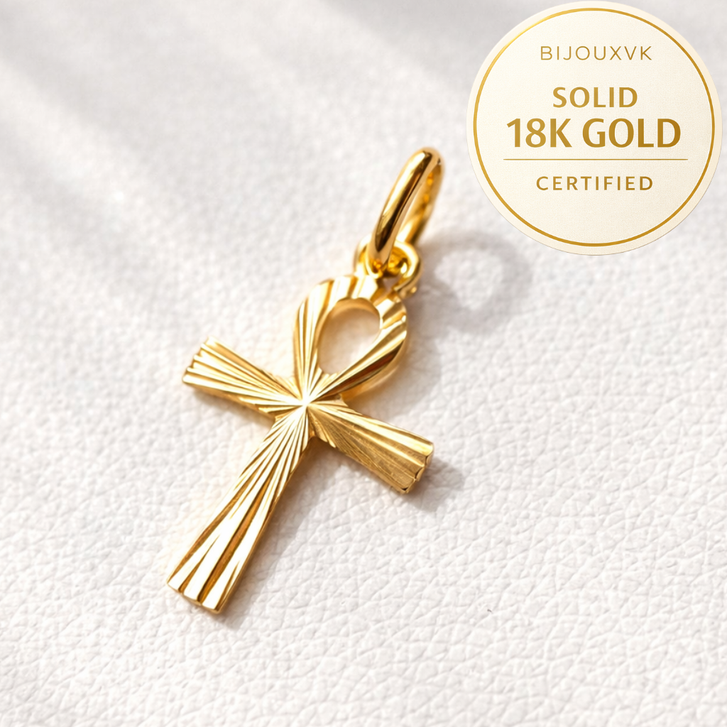 Pendentif croix Ankh en or massif 18 carats 750, croix égyptienne stylisée à relief strié, avec badge 18K.