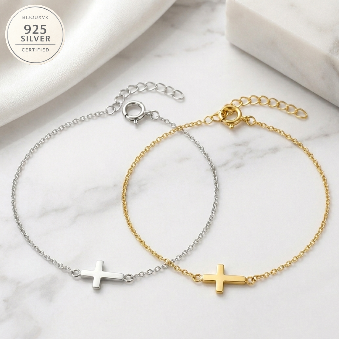 Bracelet Croix en Argent 925/1000 – Bracelet Religieux Femme Doré ou Platiné Réglable