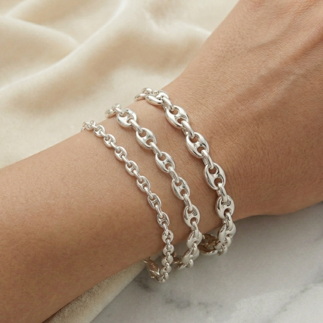 Bracelet maille grain de café en argent massif 925/1000 – Bracelet gourmette grain de café