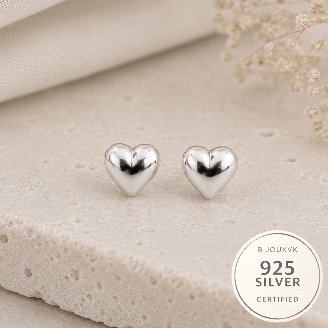 Boucles d'oreilles cœur en argent massif 925/1000 – Cœurs bombés