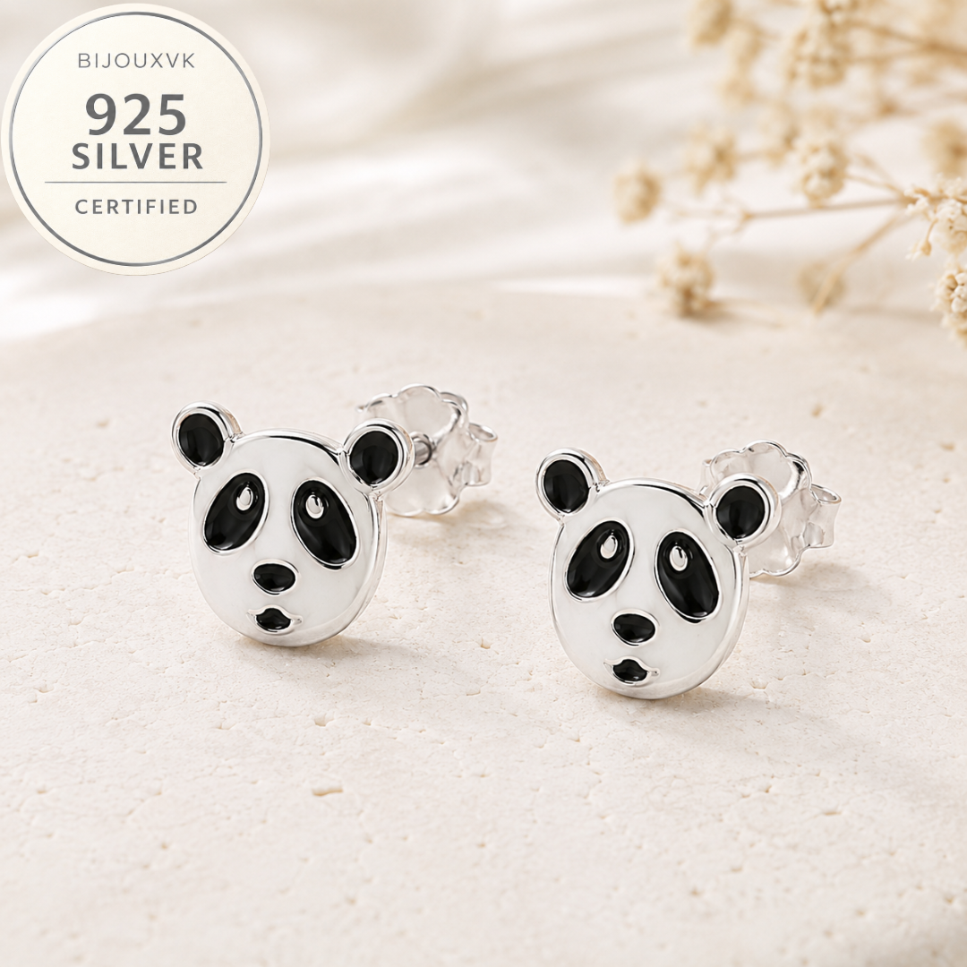 Boucles d'oreilles tête de panda en argent massif 925/1000 laqué
