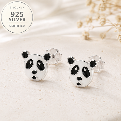 Boucles d'oreilles tête de panda en argent massif 925/1000 laqué