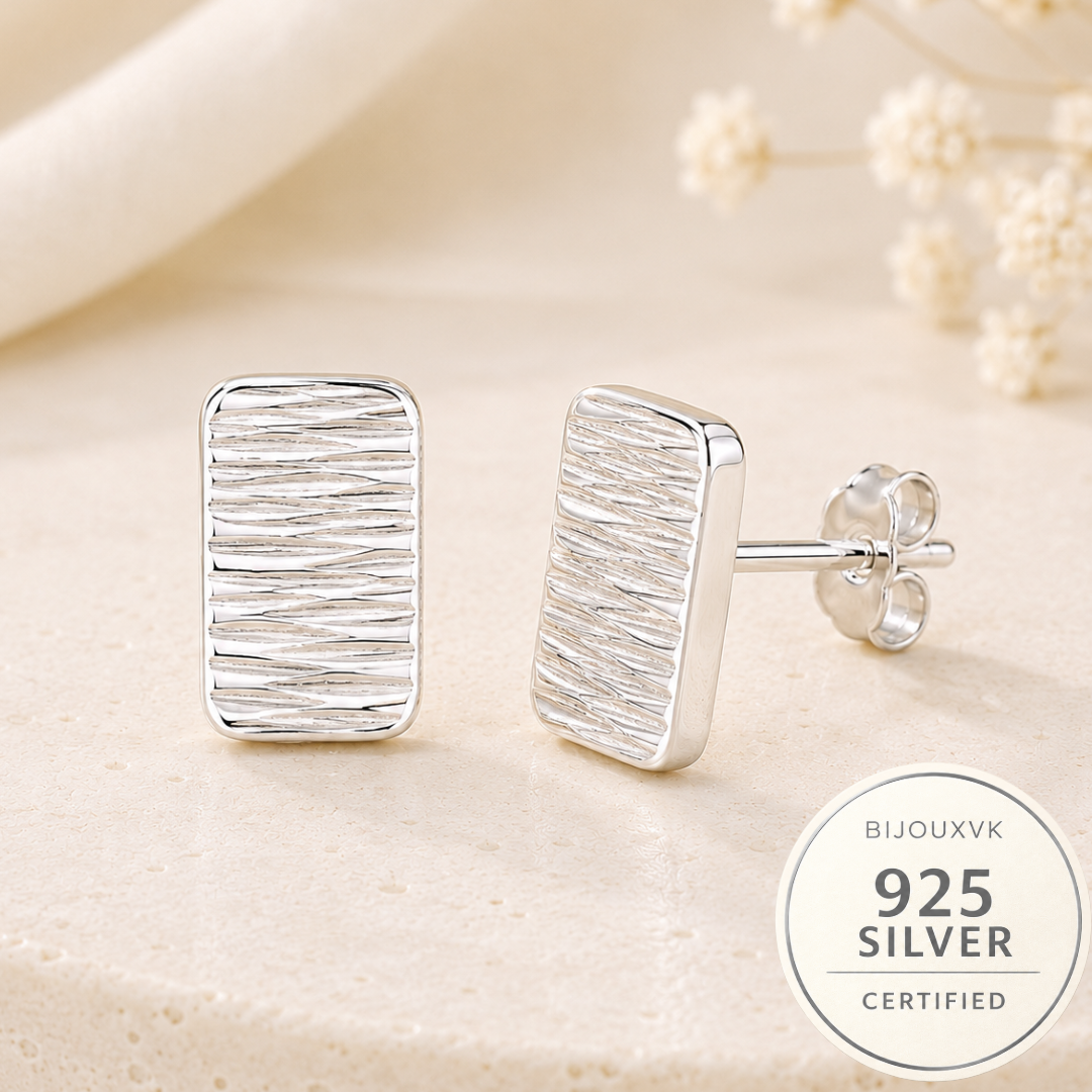 Boucles d'oreilles rectangles ciselés en argent massif 925/1000 rhodié