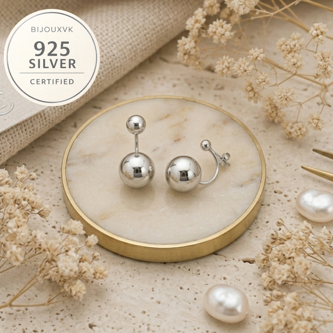 Boucles d'oreilles boules pendantes en argent massif 925/1000 rhodié