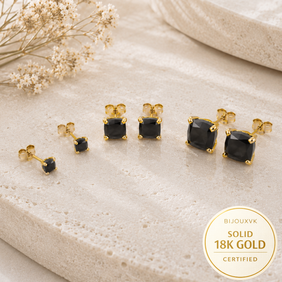 Boucles d'oreilles en or jaune massif 18 carats 750/1000 serties d'un zirconium noir carré